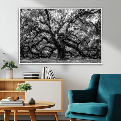 132944706-MGV-CV-36X24-Ancient Tree Wall Art – Black and White Photography Canvas Print Featuring Majestic Twisting Branches, Rustic Nature Artwork for