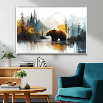 50308-MGV-CV-36X24-Abstract Rustic Bear Wall Art – Forest and Mountain Scene Canvas Print, Nature Artwork for Modern Farmhouse or Log Cabin Decor