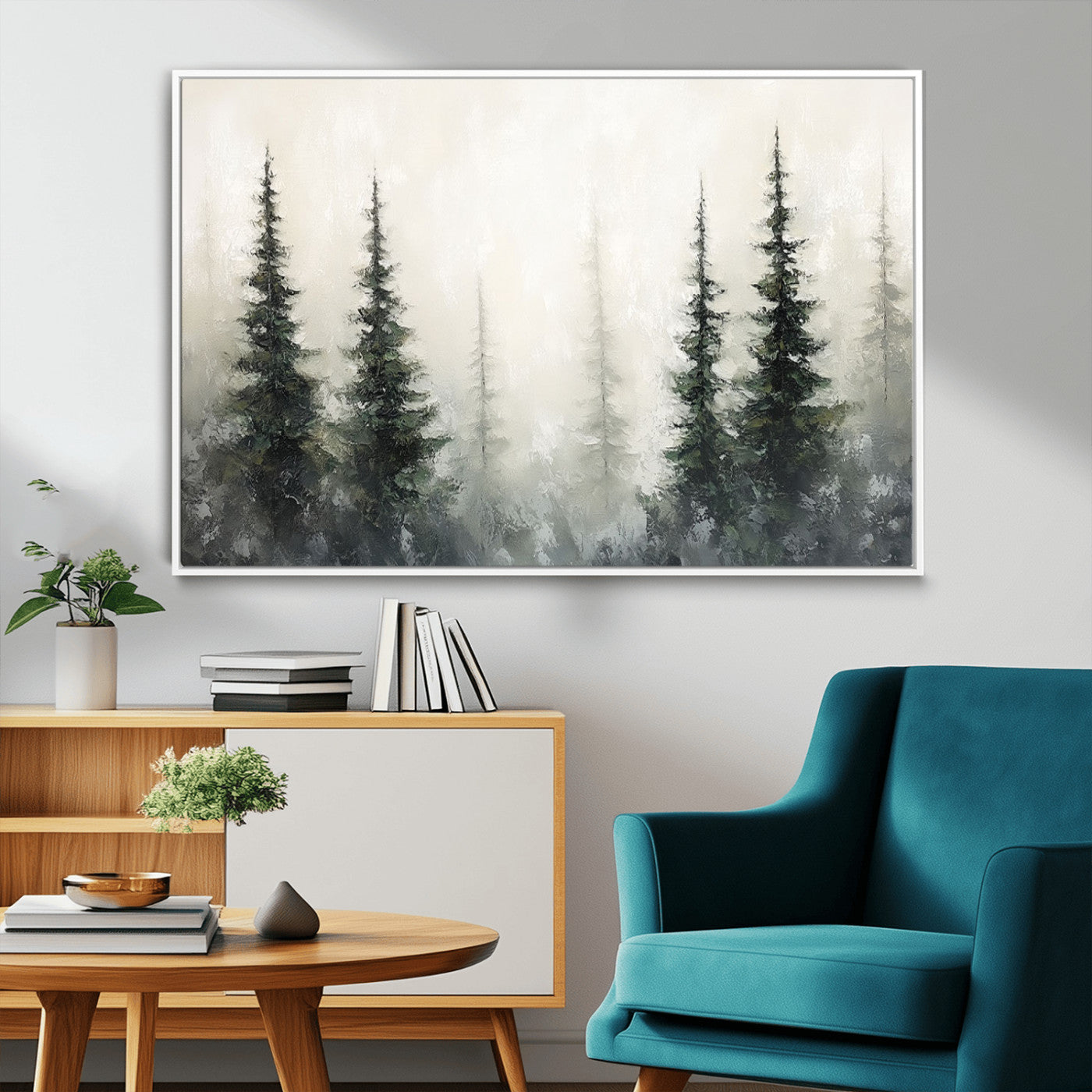 33241-MGV-FC-36X24_White-Misty Forest Wall Art Canvas Print, Framed Foggy Pines Art Picture Print, Forest Haze Perfect Rustic Minimalist Decor Artwork