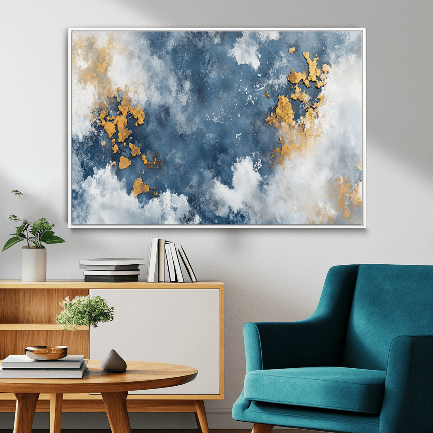 39575-MGV-FC-36X24_White-Blue and Gold Abstract Wall Art – Modern Canvas Print Featuring Cloudy Textures with Metallic Accents, Contemporary Artwork for