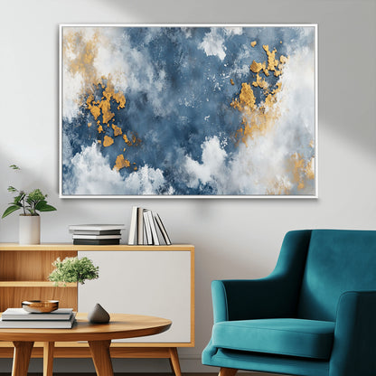 39575-MGV-FC-36X24_White-Blue and Gold Abstract Wall Art – Modern Canvas Print Featuring Cloudy Textures with Metallic Accents, Contemporary Artwork for