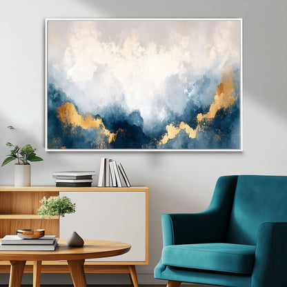14578-MGV-CV-36X24-Abstract Wall Art – Modern Canvas Print Featuring Blue and White Clouds with Golden Accents, Contemporary Elegant Artwork for