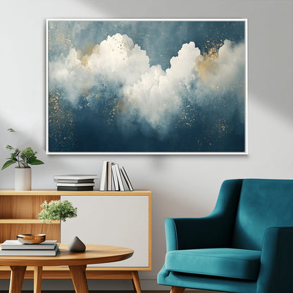 75131-MGV-FC-36X24_White-Abstract Cloud Wall Art – Modern Canvas Print Featuring Blue and White Clouds with Golden Accents, Contemporary Artwork for Living