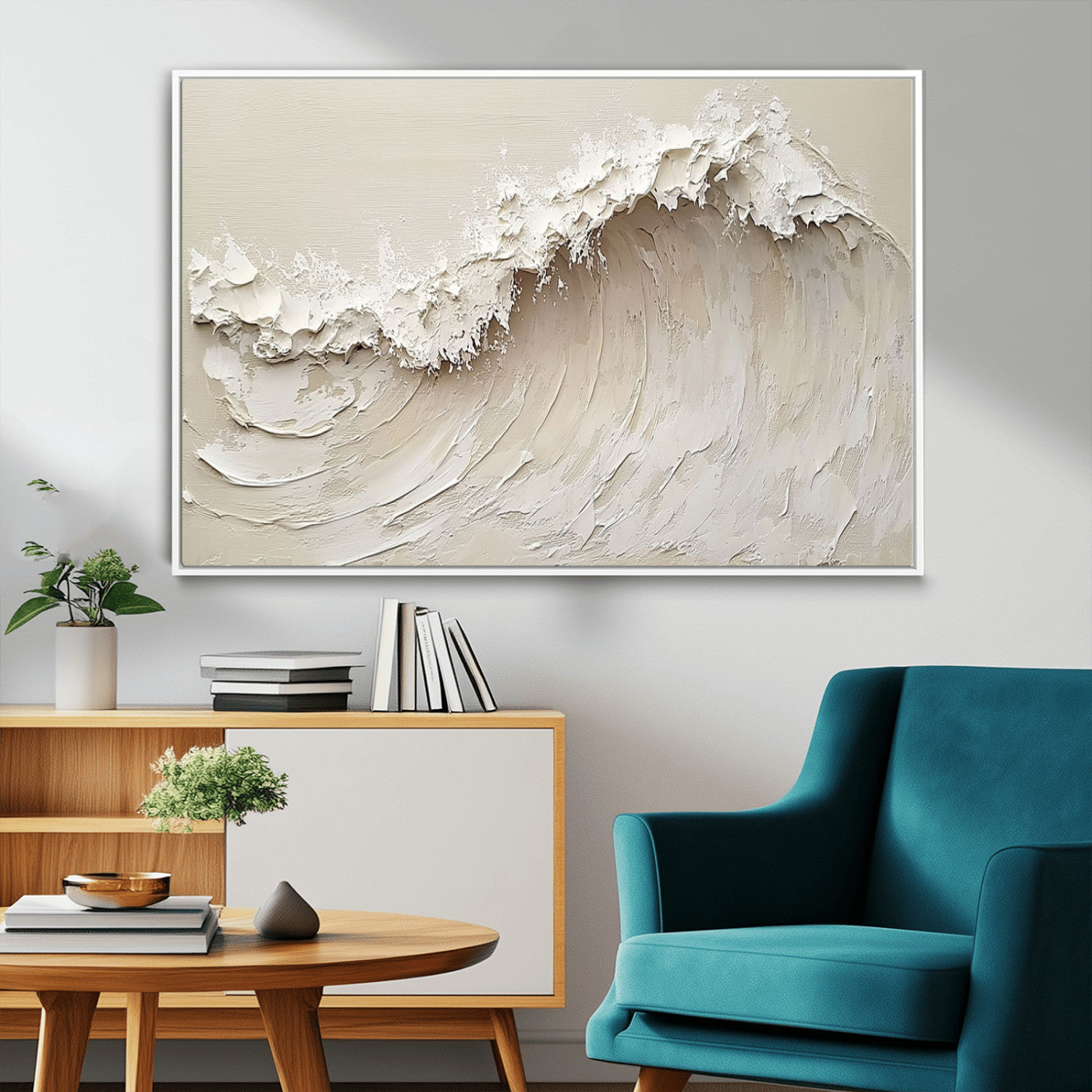 45175-MGV-FC-36X24_White-Textured Wave Wall Art Canvas Print, Framed Minimal Seascape Art Picture Print, Elegant Wave Perfect Modern Coastal Decor Artwork