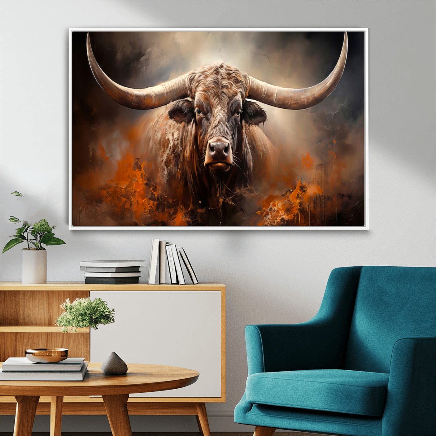 240479-MGV-FC-36X24_White-Longhorn Bull Wall Art – Dramatic Western Canvas Print Featuring Horned Bull with Fiery Background, Rustic Farmhouse Artwork for
