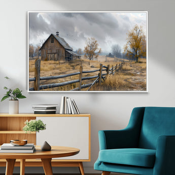 Farm1-MGV-CV-36X24-Rustic Autumn Farmhouse Wall Art – Serene Countryside Scene Canvas Print, Weathered Barn and Autumn Trees Decor for Living Room,