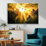 13776802-MGV-CV-36X24-Golden Forest Wall Art Canvas Print, Framed Sunset Pines Art Picture Print, Flying Birds Perfect Nature Glow Decor Artwork