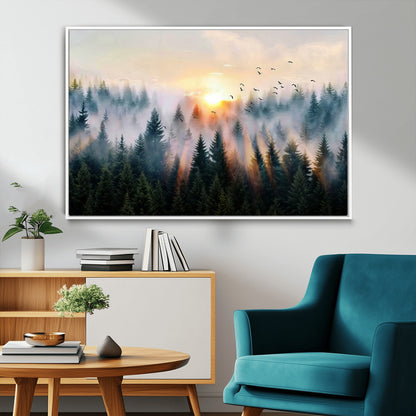 56391411-MGV-FC-36X24_White-Misty Forest Wall Art Canvas Print, Framed Sunrise Pines Art Picture Print, Moody Pines Perfect Serene Woodland Decor Artwork