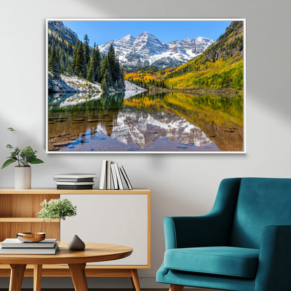 87724099-MGV-FC-36X24_White-Maroon Bells Wall Art Canvas Print, Framed Snowy Mountains Art Picture Print, Pine Forest Perfect Vibrant Alpine Decor Artwork