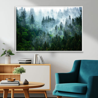 17393683-MGV-CV-36X24-Misty Forest Art Wall Art Canvas Print, Framed Foggy Mountain Art Art Picture Print, Scenic Wall Print Perfect Decor Artwork