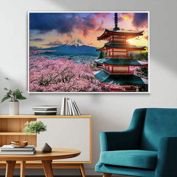 32331262-MGV-CV-36X24-Mount Fuji Japan Wall Art – Cherry Blossom Landscape Canvas Print, Chureito Pagoda Sunset Photography, Japanese Nature Travel