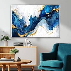 33506371-MGV-FC-36X24_White-Blue Marble Wall Art Canvas Print, Framed Gold Splash Art Picture Print, Abstract Wave Perfect Modern Luxe Decor Artwork