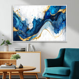 33506371-MGV-FC-36X24_White-Blue Marble Wall Art Canvas Print, Framed Gold Splash Art Picture Print, Abstract Wave Perfect Modern Luxe Decor Artwork