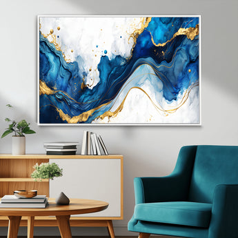 33506371-MGV-FC-36X24_White-Blue Marble Wall Art Canvas Print, Framed Gold Splash Art Picture Print, Abstract Wave Perfect Modern Luxe Decor Artwork