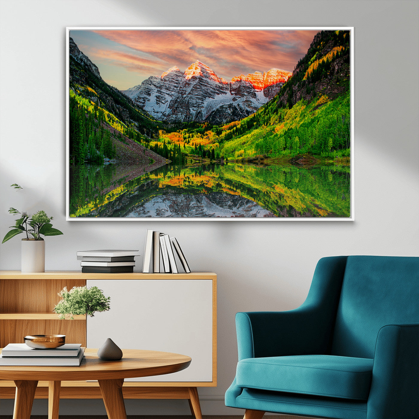 59533484-MGV-CV-36X24-Maroon Bells Autumn Wall Art – Panoramic Mountain Landscape Canvas Print, Sunset Reflection Nature Artwork for Living Room, Office