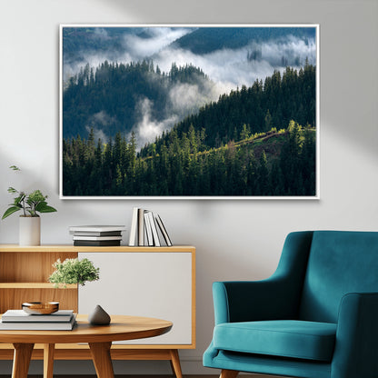 84598503-MGV-CV-36X24-Misty Forest Wall Art Canvas Print, Framed Pine Hills Art Picture Print, Moody Hills Perfect Moody Woodland Decor Artwork