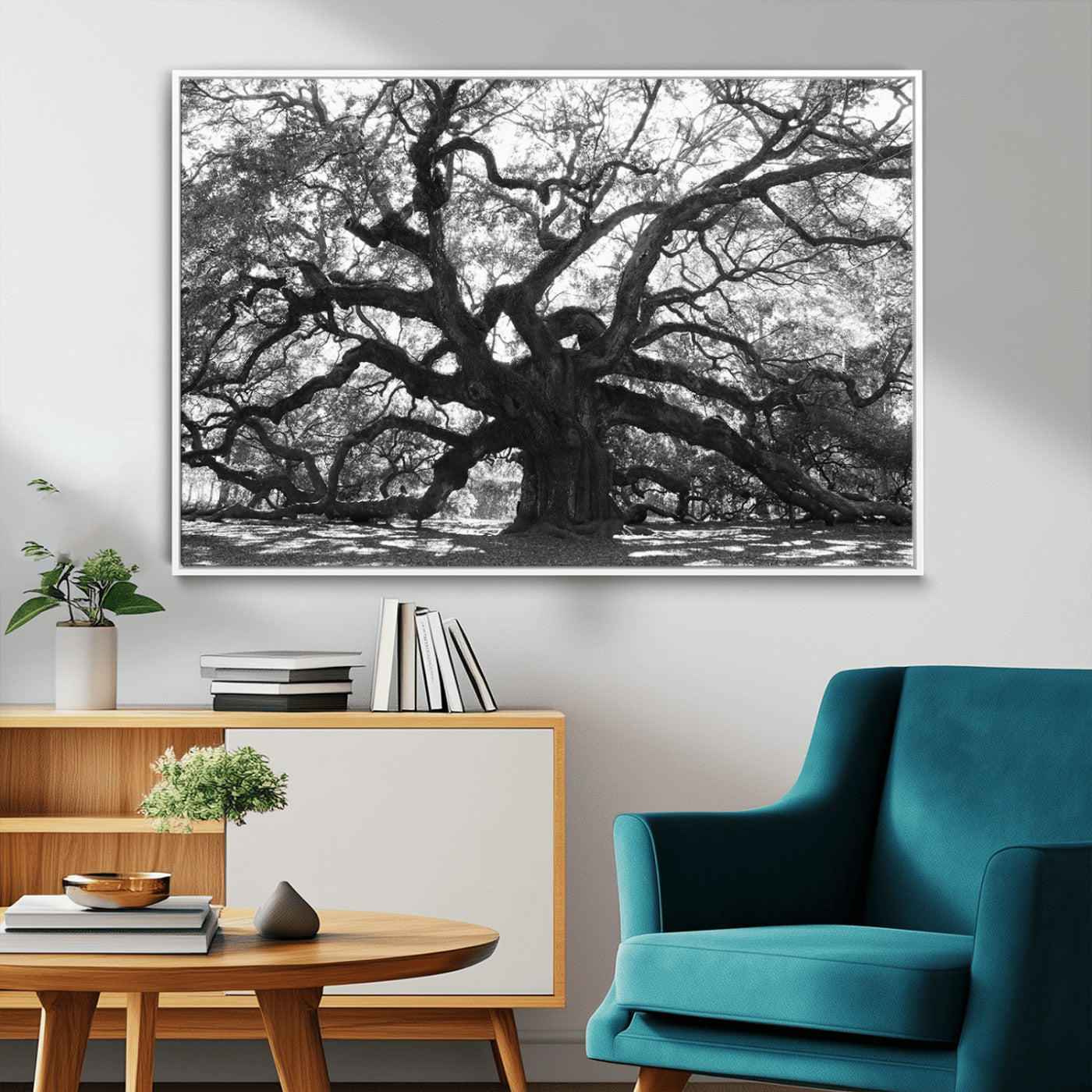 81655611-MGV-FC-36X24_White-Ancient Oak Wall Art Canvas Print, Framed Twisted Branches Art Picture Print, Gnarled Tree Perfect Moody Nature Decor Artwork