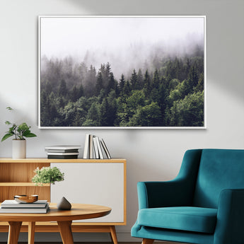 62890402-MGV-FC-36X24_White-Misty Forest Wall Art Canvas Print, Framed Foggy Pines Art Picture Print, Pine Valley Perfect Moody Woodland Decor Artwork