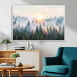 92718976-MGV-FC-36X24_White-Misty Forest Wall Art Canvas Print, Framed Sunrise Pines Art Picture Print, Foggy Woodland Perfect Moody Woodland Decor Artwork