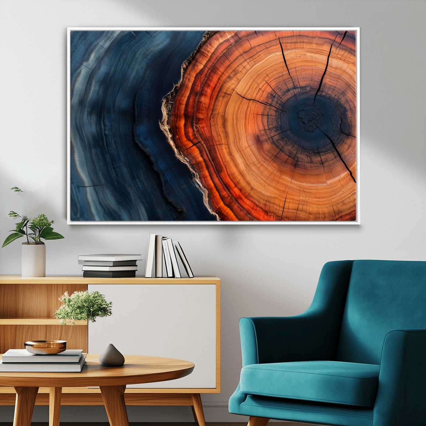57732250-MGV-CV-36X24-Tree Ring Abstract Wall Art – Blue Orange Wood Grain Canvas Print, Modern Rustic Nature Artwork for Living Room, Office,