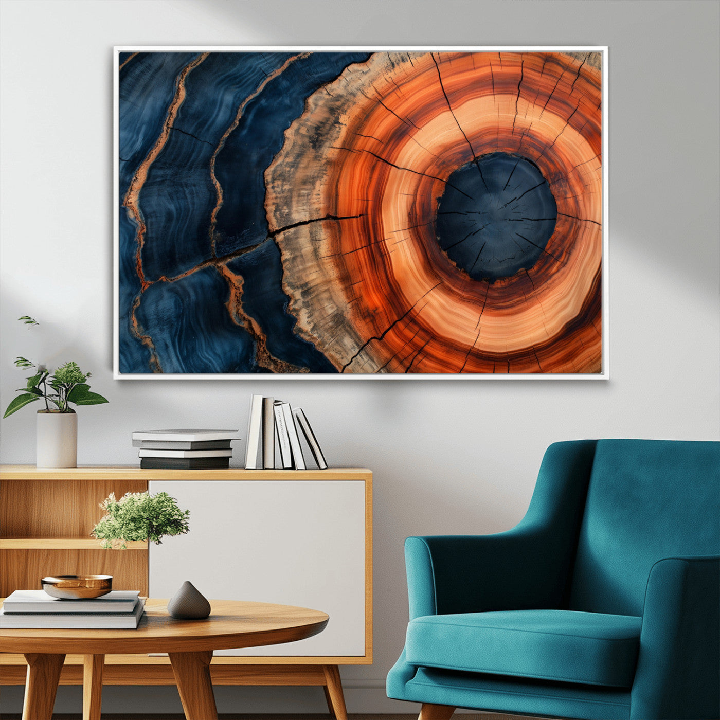 41123192-MGV-FC-36X24_White-Tree Ring Canvas Wall Art – Abstract Blue Orange Wood Grain Print, Rustic Modern Nature Artwork for Living Room, Bedroom, Office