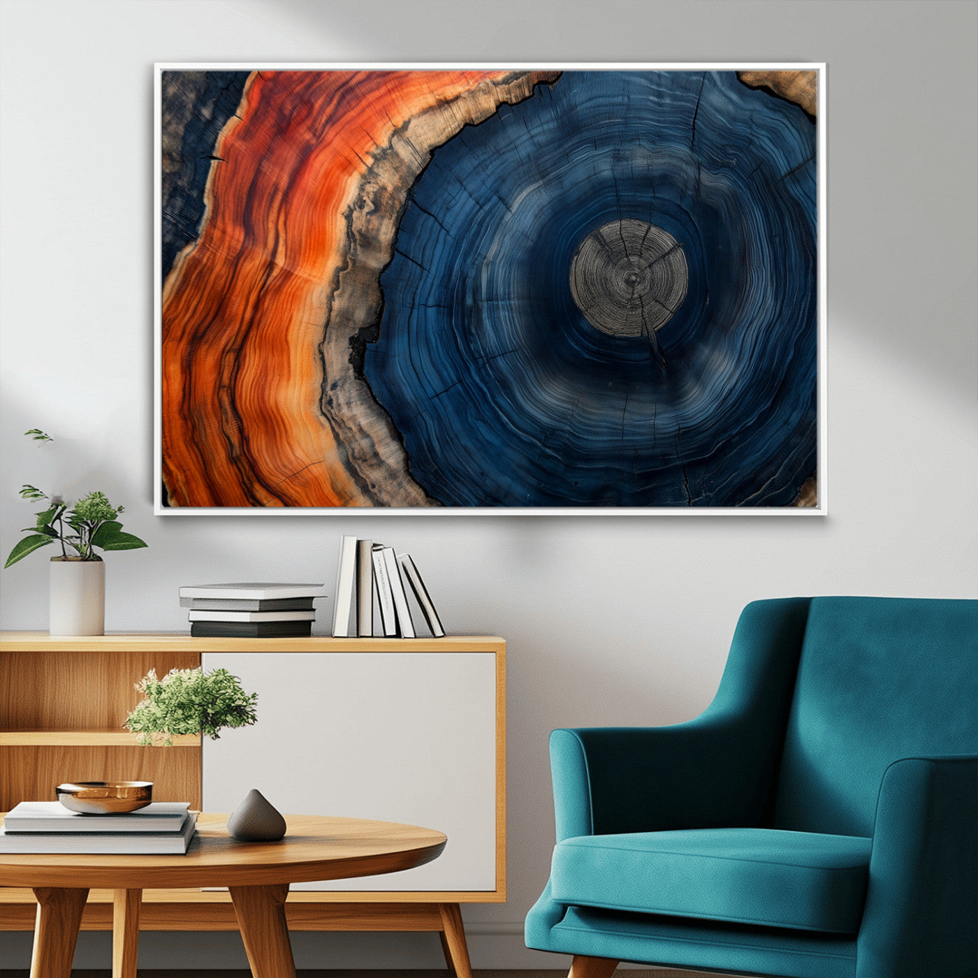 99491700-MGV-FC-36X24_White-Tree Ring Canvas Wall Art – Blue Orange Abstract Wood Grain Print, Rustic Modern Nature Artwork for Living Room, Office, Bedroom