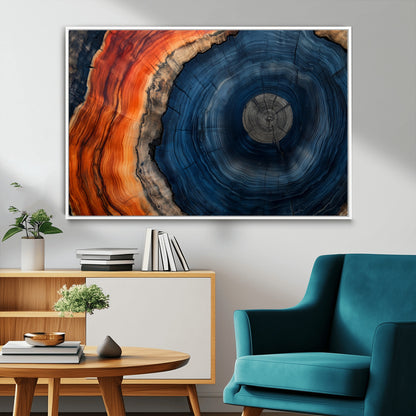 99491700-MGV-FC-36X24_White-Tree Ring Canvas Wall Art – Blue Orange Abstract Wood Grain Print, Rustic Modern Nature Artwork for Living Room, Office, Bedroom
