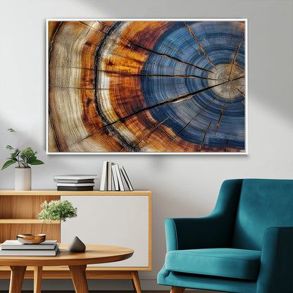 18032999-MGV-CV-36X24-Tree Ring Wall Art – Blue Brown Abstract Wood Slice Canvas Print, Rustic Modern Nature Decor for Living Room, Office, Bedroom or