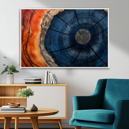 26110607-MGV-FC-36X24_White-Blue and Orange Tree Ring Wall Art – Abstract Wood Cross Section Canvas Print, Modern Rustic Nature Decor for Living Room, Office,