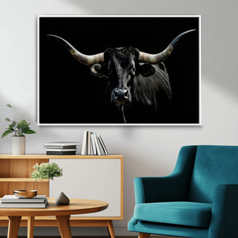 37531960-MGV-CV-36X24-Black Longhorn Bull Wall Art – Dramatic Western Cattle Canvas Print, Rustic Farmhouse Animal Artwork for Living Room, Bedroom,