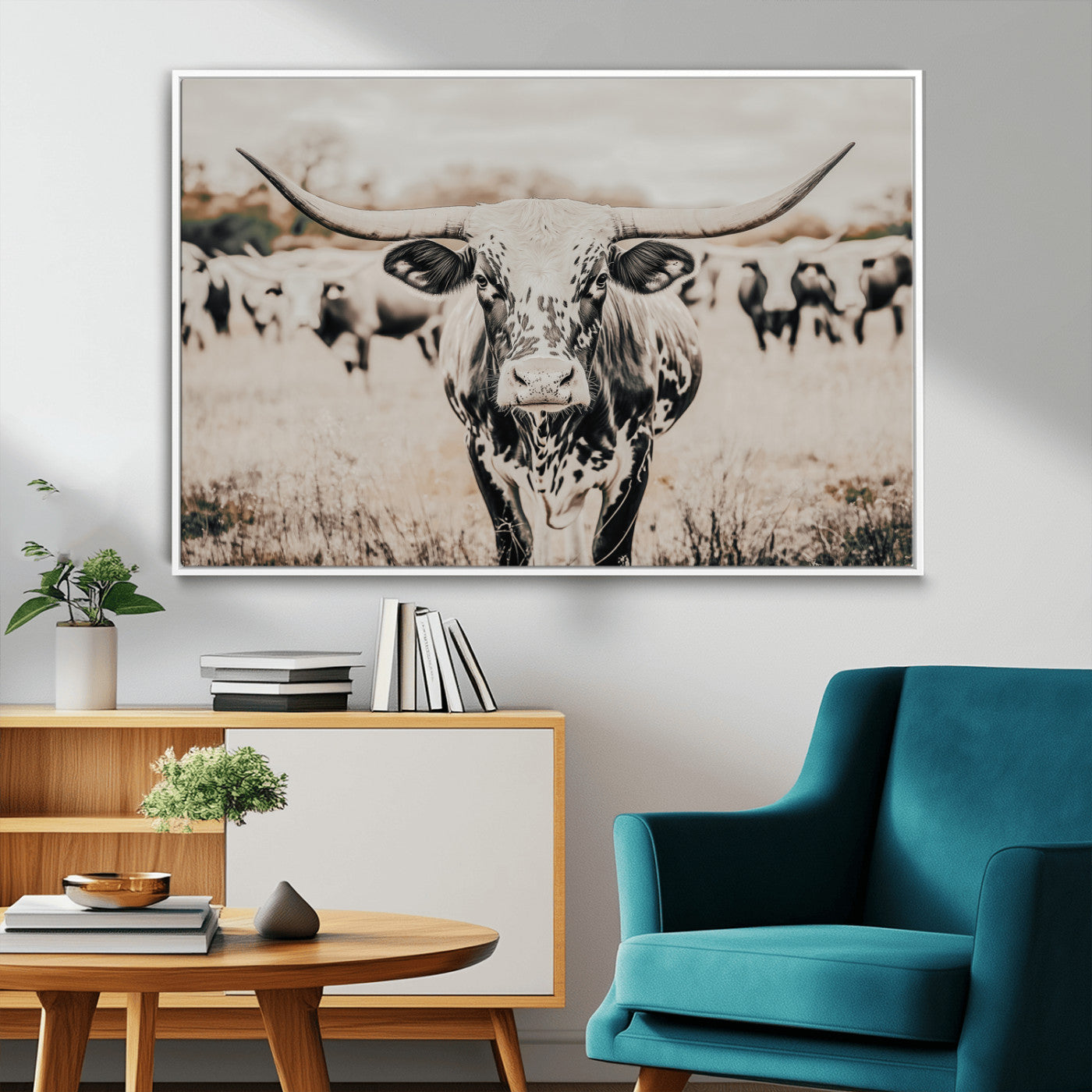 27497342-MGV-CV-36X24-Texas Longhorn Wall Art Canvas Print, Framed Speckled Cow Art Picture Print, Horned Cattle Perfect Rustic Western Decor Artwork