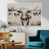27497342-MGV-CV-36X24-Texas Longhorn Wall Art Canvas Print, Framed Speckled Cow Art Picture Print, Horned Cattle Perfect Rustic Western Decor Artwork