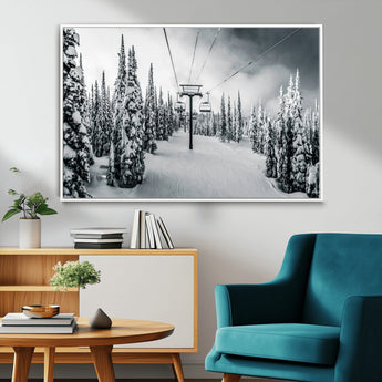 31156828-MGV-FC-36X24_White-Snowy Pines Wall Art Canvas Print, Framed Ski Lift Art Picture Print, Winter Forest Perfect Moody Lodge Decor Artwork