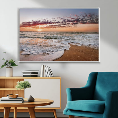 39846389-MGV-CV-36X24-Ocean Sunset Wall Art Canvas Print, Framed Sandy Shore Art Picture Print, Gentle Waves Perfect Minimalist Coastal Decor Artwork