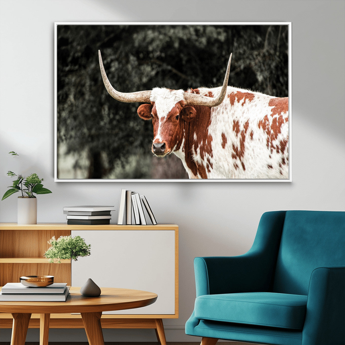 54027638-MGV-FC-36X24_White-Texas Longhorn Wall Art Canvas Print, Framed Spotted Cow Art Picture Print, Horned Bull Perfect Rustic Western Decor Artwork