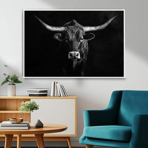 42077175-MGV-CV-36X24-Texas Longhorn Wall Art Canvas Print, Framed Monochrome Bull Art Picture Print, Horned Bull Perfect Rustic Western Decor Artwork