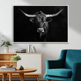 42077175-MGV-CV-36X24-Texas Longhorn Wall Art Canvas Print, Framed Monochrome Bull Art Picture Print, Horned Bull Perfect Rustic Western Decor Artwork