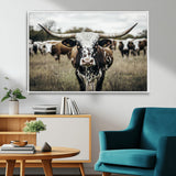 79025945-MGV-CV-36X24-Texas Longhorn Wall Art Canvas Print, Framed Speckled Cow Art Picture Print, Horned Cattle Perfect Rustic Western Decor Artwork