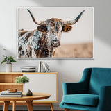 70414966-MGV-FC-36X24_White-Texas Longhorn Wall Art Canvas Print, Framed Speckled Cow Art Picture Print, Horned Bull Perfect Rustic Western Decor Artwork
