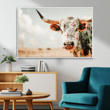 72766375-MGV-FC-36X24_White-Texas Longhorn Wall Art Canvas Print, Framed Spotted Cow Art Picture Print, Horned Cattle Perfect Rustic Western Decor Artwork