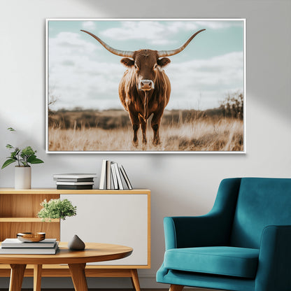 39350715-MGV-FC-36X24_White-Texas Longhorn Wall Art Canvas Print, Framed Longhorn Cow Art Picture Print, Western Cattle Perfect Rustic Western Decor Artwork