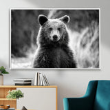 MGV-FC-36X24 - Grizzly Bear Wall Art Canvas Print, Framed Black White Bear Art Picture Print, Wild Bear Perfect Rustic Wildlife Decor Artwork