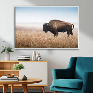 91267849-MGV-CV-36X24-Wild Bison Wall Art Canvas Print, Framed Bison in Prairie Art Picture Print, Rustic Western Perfect Rustic Western Decor Artwork