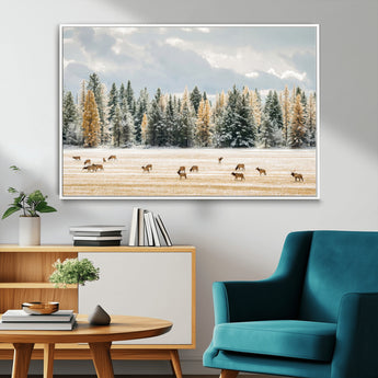 64188182-MGV-FC-36X24_White-Elk Herd Wall Art Canvas Print, Framed Snowy Forest Art Picture Print, Forest Elks Perfect Neutral Rustic Decor Artwork