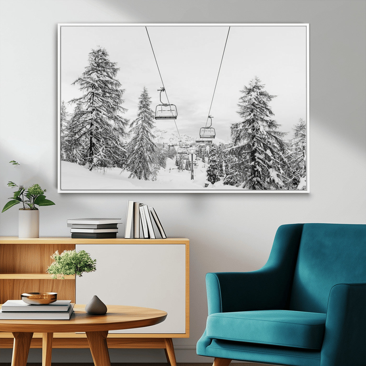 55003599-MGV-FC-36X24_White-Snowy Ski Lift Wall Art Canvas Print, Framed Winter Forest Art Picture Print, Ski lift Ride Perfect Winter Lodge Decor Artwork