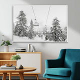55003599-MGV-FC-36X24_White-Snowy Ski Lift Wall Art Canvas Print, Framed Winter Forest Art Picture Print, Ski lift Ride Perfect Winter Lodge Decor Artwork