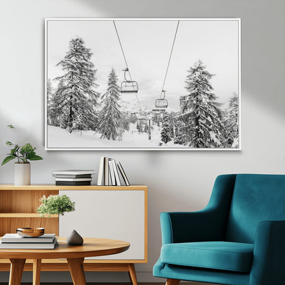 55003599-MGV-FC-36X24_White-Snowy Ski Lift Wall Art Canvas Print, Framed Winter Forest Art Picture Print, Ski lift Ride Perfect Winter Lodge Decor Artwork
