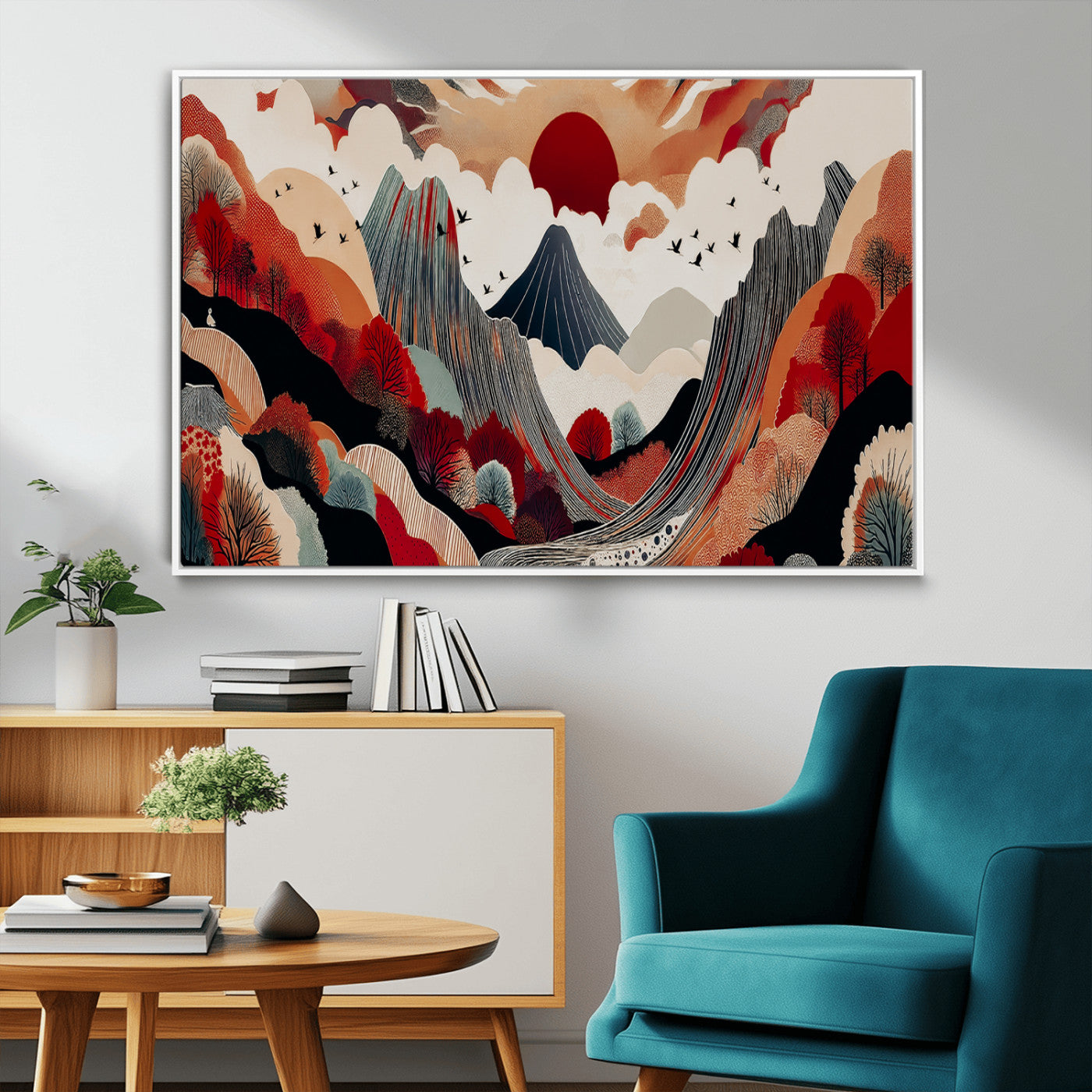 59495752-MGV-FC-36X24_White-Abstract Mountain Wall Art Canvas Print, Framed Vibrant Landscape Art Picture Print, Nature Drawing Perfect Contemporary