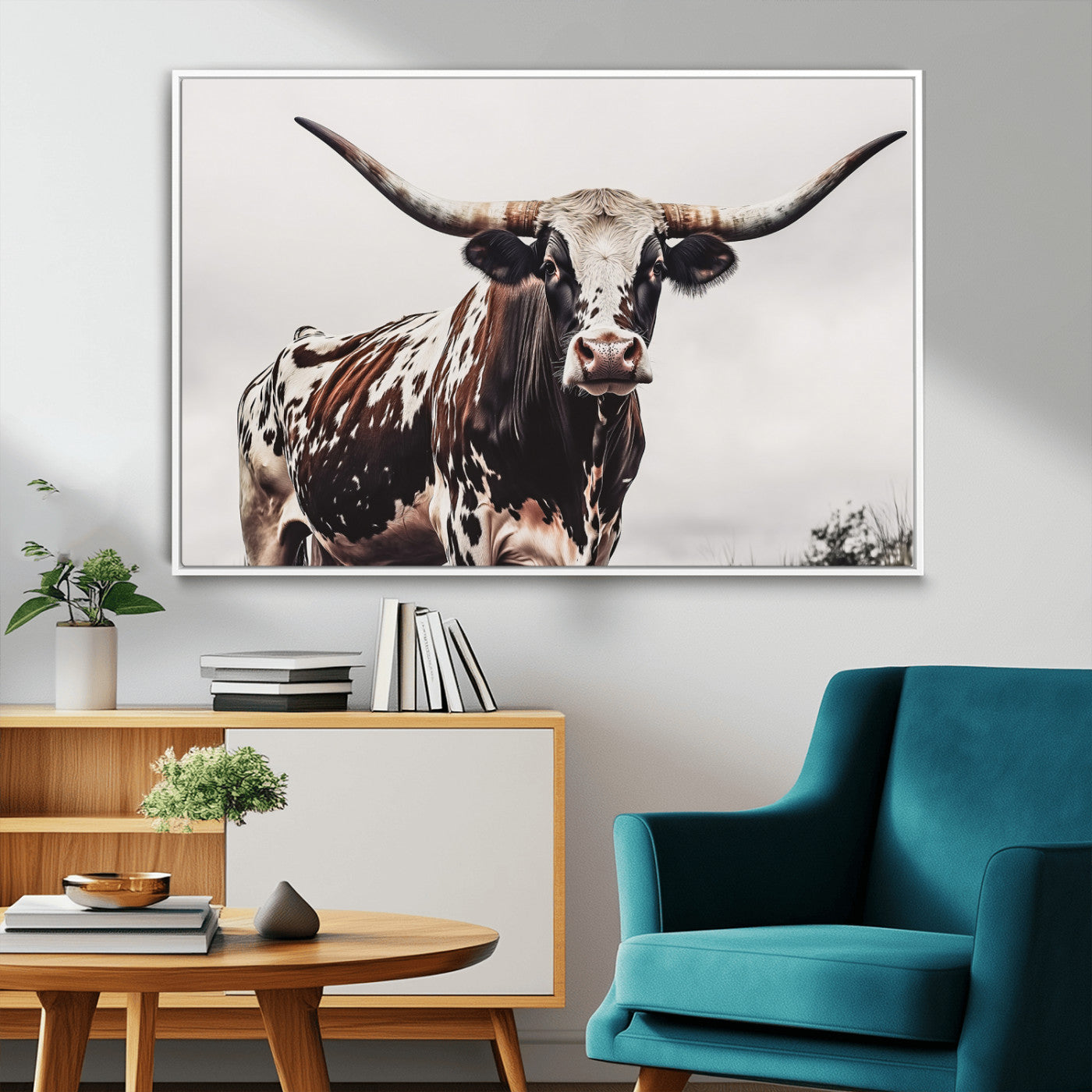 95249234-MGV-FC-36X24_White-Texas Longhorn Wall Art Canvas Print, Framed Spotted Bull Art Picture Print, Horned Cattle Perfect Rustic Farmhouse Decor Artwork