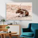 91248682-MGV-FC-36X24_White-Texas Longhorn Wall Art Canvas Print, Framed Resting Bull Art Picture Print, Spotted Cattle Perfect Rustic Western Decor Artwork